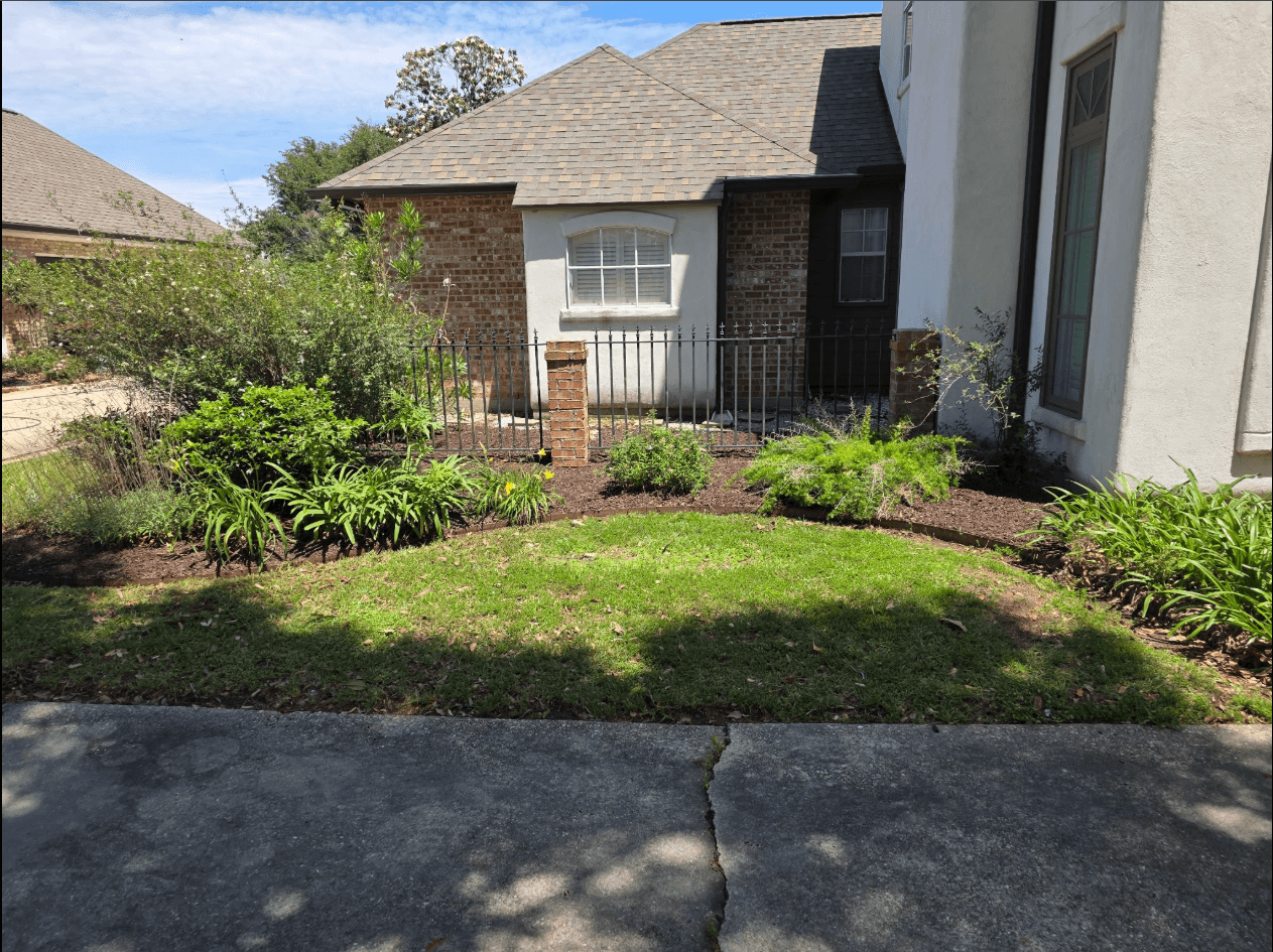 Lush flower bed landscaping with clean edging and fresh mulch
