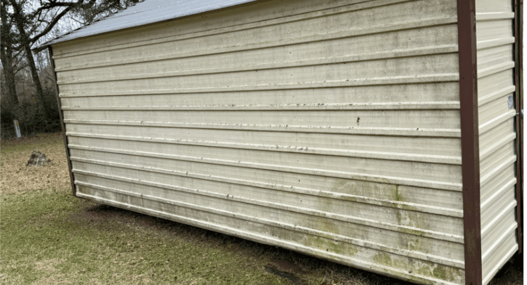 Shed side panel covered in algae and grime before pressure washing